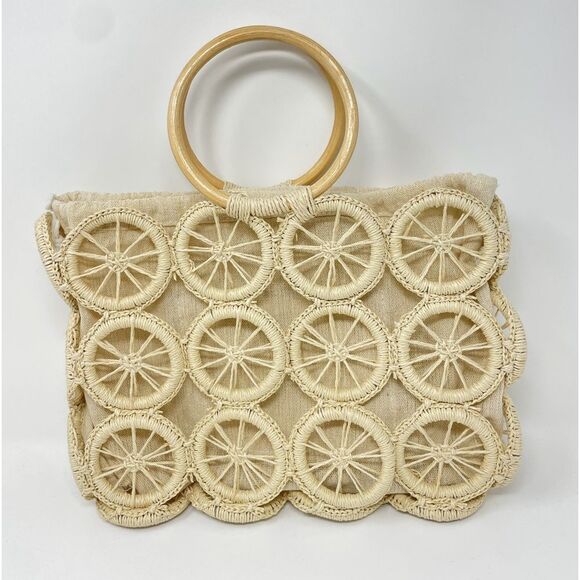 Multi Circle Summer Beach Bag Tote Orange Slice Open Lined Natural Round Handles - Picture 3 of 10